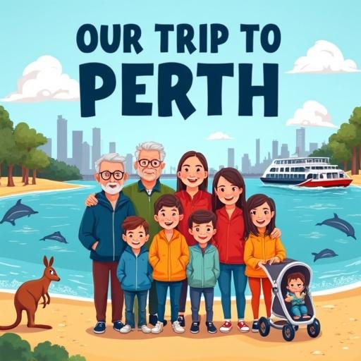 A cartoon-style illustration captures a family of twelve posing by the Swan River in Perth. They wear colorful light jackets and smile warmly. The background features Perth's skyline dolphins in the water a kangaroo on the shore. The title 'OUR TRIP TO PERTH' is prominently displayed in bold navy blue letters. The scene is bright and inviting perfect for children's literature or a travel journal.