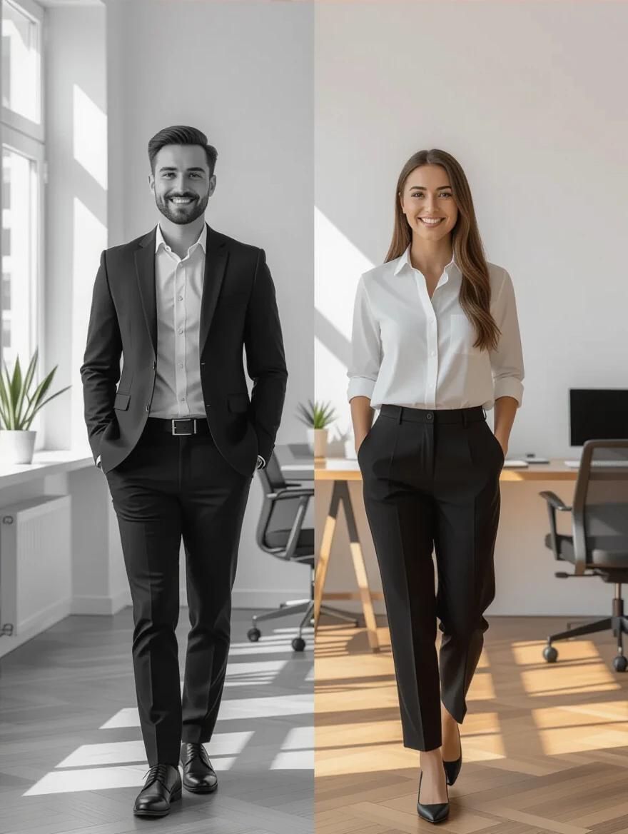 Image shows a person in traditional office attire on the left in black and white transitioning to a relaxed individual in color on the right. Natural lighting highlights professional settings. Photorealistic style depicts the shift in mood and style.