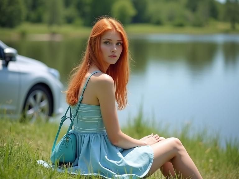 A young light-skinned woman with long ginger hair. She is at a lake in the Russian countryside. She is sitting on the grass beside a modern silver car. She wears a light-blue dress with white stripes and has a light-teal shoulder bag. The background shows a calm lake and blurred trees. It is sunny with bright lighting creating a peaceful atmosphere.