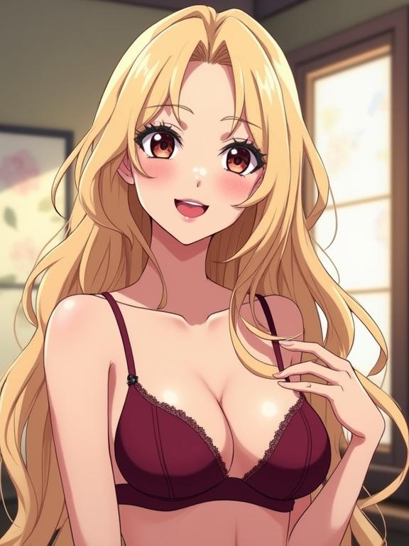 Anime illustration featuring a young woman with flowing blonde hair. She wears a revealing burgundy lingerie top. The shot is a medium close-up. Soft front lighting is present. The character has large anime eyes. Heavy smokey eyeshadow and thick eyeliner enhance her look. Long false eyelashes and contoured cheeks are noticeable. Glossy deep red lips create a seductive smile. The art style is clean and modern with cel shading. The background shows a softly blurred interior setting with natural window lighting. Pastel tones are typical for slice-of-life anime.