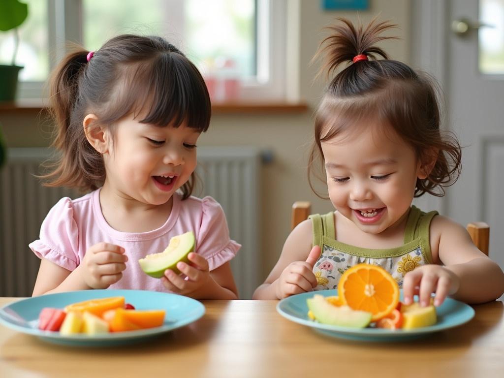 The image shows two young children enjoying a snack time at a bright and cheerful environment. They are seated at a wooden table with playful decor around them. One child is holding a piece of fruit, possibly a slice of melon, while the other is reaching for more on their plate. Their plates are filled with various colorful fruit slices, including melon and orange. The background suggests a cozy, welcoming space, likely in a home or a play area for children. The focus is on their interaction with the food rather than their faces.