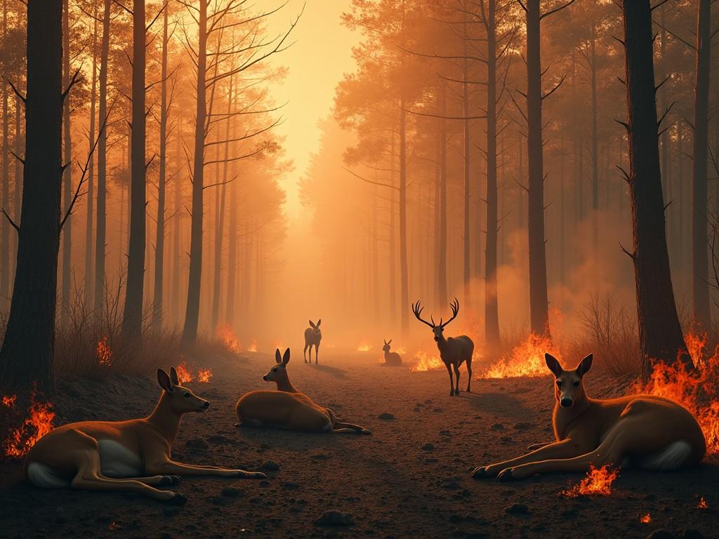 A forest with scattered fires and two dogs walking through it.