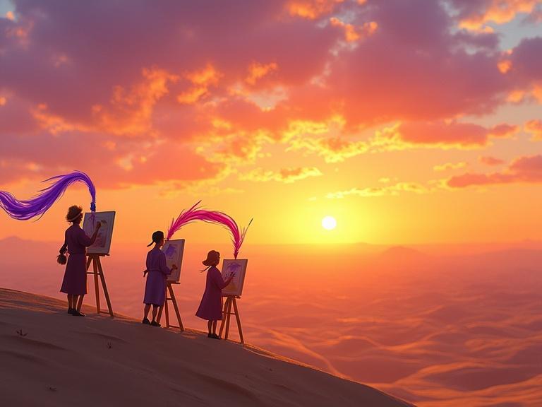 Miniature artists perched on easels at sunset. They paint the sky with feather brushes. Each artist with a different shade. Winds blow colorful scarves. The scene is vibrant and magical. 