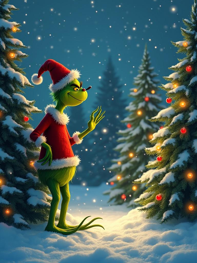 The Grinch outside in the snow. Surrounded by Christmas trees with lights. The Grinch wears a red and white Santa suit. Writing the name merry Xmas Jezzminda.