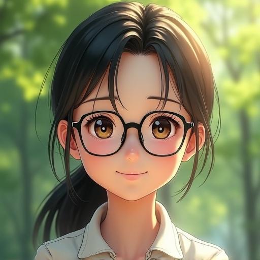 A breathtaking full body shot of a beautiful young android woman with stylish modern glasses. She has a gentle smile and kind eyes with natural skin texture. The background features lush greenery and soft sunlight, creating a serene atmosphere.