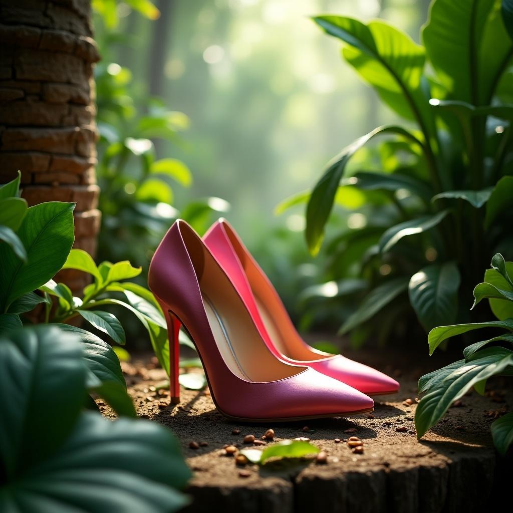 Pink high heels rest on earthy ground surrounded by vibrant green foliage in a jungle. Soft light filters through the trees, creating an enchanting atmosphere.