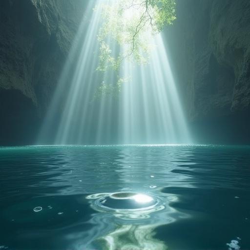 Photorealistic depiction of light rays entering water. Scene highlights sunlight piercing through a cave opening. Soft reflections on the water surface. Lush greenery silhouetted against light. Evocative serene atmosphere.