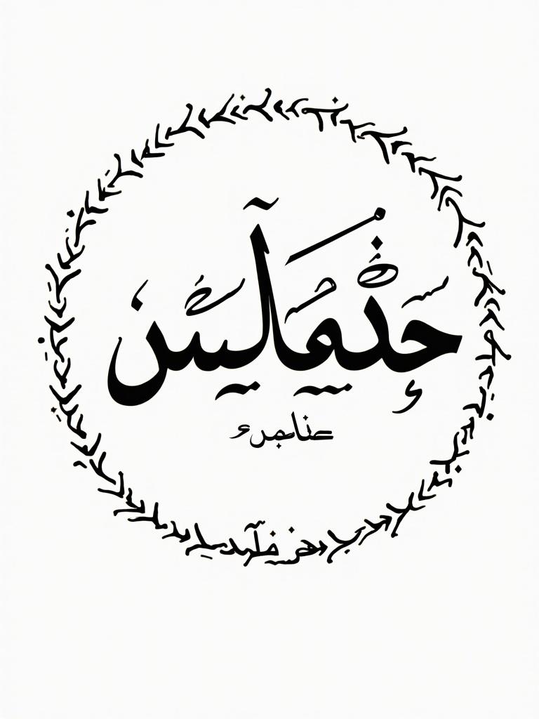 Handwritten Arabic calligraphy includes the name الإسلامية written in a circular shape. The design features elegant curves and decorative elements.