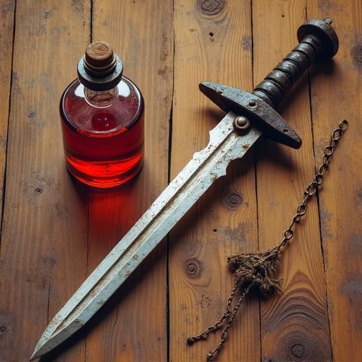 Close-up of a rusted short sword beside a half-empty red potion bottle. The scene illustrates humble beginnings and reliance on healing. The style resembles Vincent van Gogh's artwork.