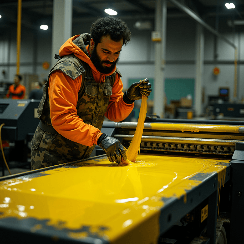 A man in a workshop handles yellow ink on a printing press.