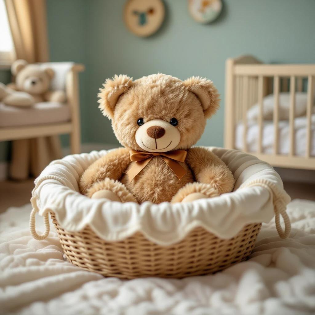 A cute brown teddy bear sits in a baby basket in a well-decorated baby room. The room features soft colors and a cozy atmosphere. There is a crib in the background. The teddy bear has a bow tie and looks friendly. The lighting is warm and soft.