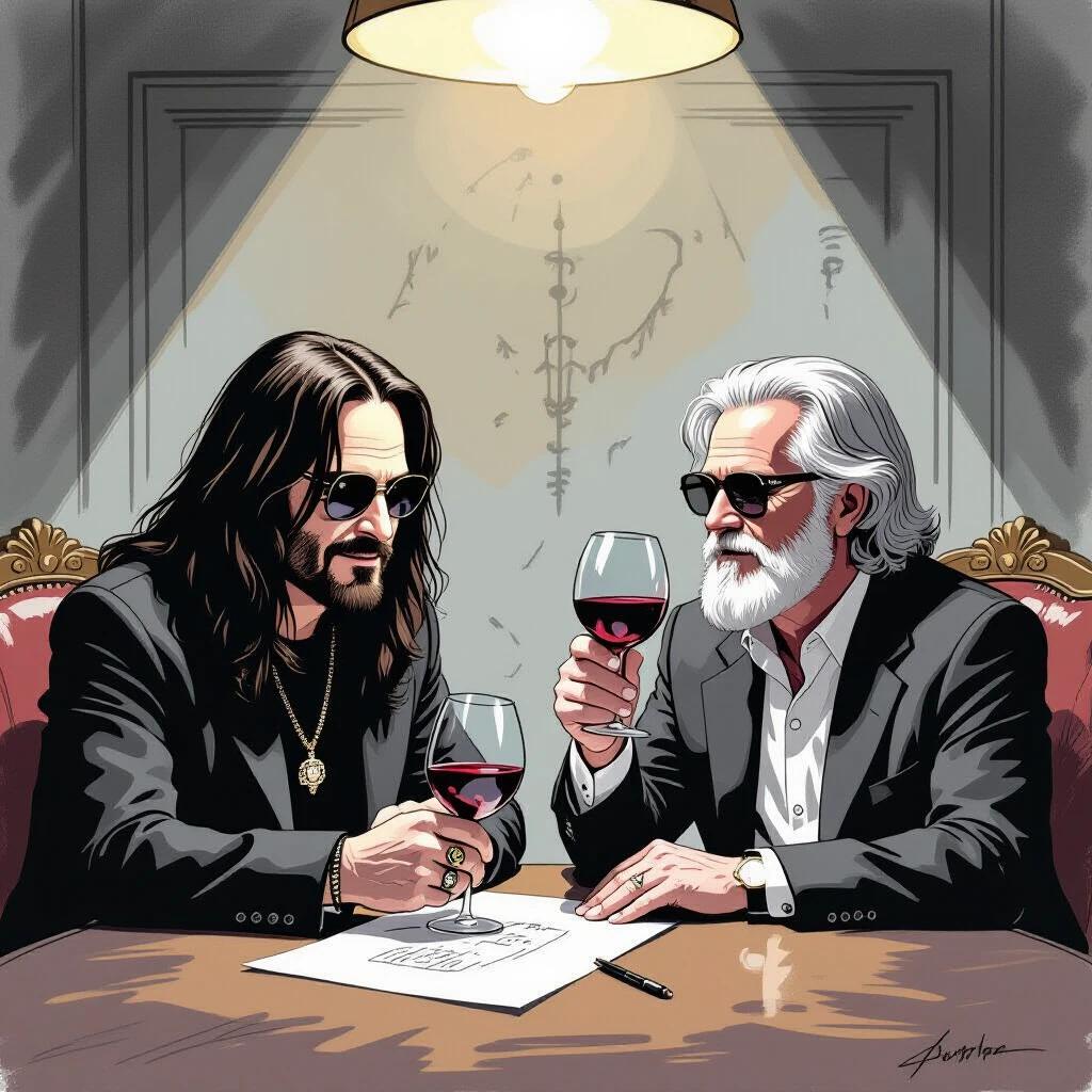 Two musicians dressed in black suits sitting at a table. They hold glasses of red wine while discussing. Sketch style representation. Background has soft lighting. Characters show a relaxed atmosphere.