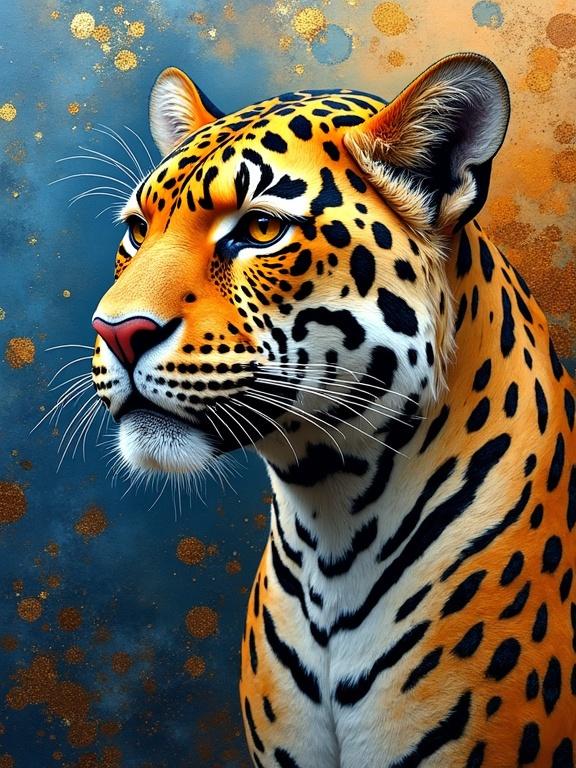 A detailed portrait of a jaguar is showcased. It features a blend of vibrant colors and textures. The focus is on the jaguar's expressive face, with the background contrasting beautifully. Mixed media techniques are evident in the composition, adding depth.