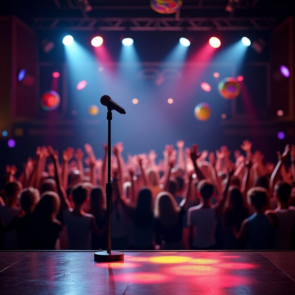 Stage set for a talent show featuring a microphone and a cheering audience in a lit venue