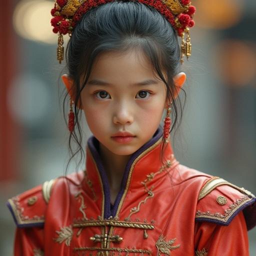 A girl wearing traditional attire stands with a serious yet captivating expression. The outfit features intricate designs and vibrant colors. Background suggests a cultural setting. Subject has a delicate yet strong demeanor, evoking a sense of intrigue.