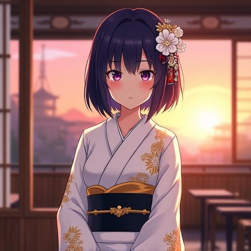 A woman in anime style with dark violet bob hairstyle and side-swept bangs. Hair styled in an updo with a white flower. Wearing a white kimono with golden floral patterns and a black obi belt. She has a calm expression and stands in a traditional Japanese cafe at dusk. Soft evening light and warm wooden interior with shoji screens and a sunset sky in the background.