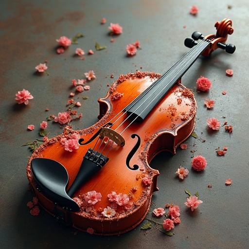 A photorealistic image of a violin lying down, covered with pastel flowers and red fruits.