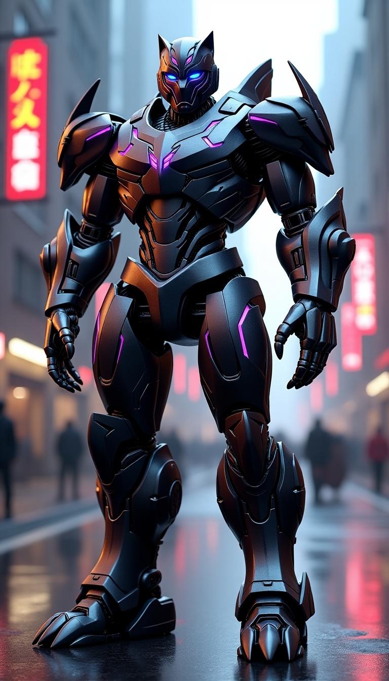 A highly detailed, futuristic full-body robot stands in a high-tech cityscape. It is inspired by the design of Optimus Prime, featuring sleek, panther-like traits. The body incorporates automotive elements, merging car parts with robotic features. Glowing purple accents highlight its powerful presence, while the armor mimics aerodynamic curves. Long, sharp claws enhance its predatory look. The background showcases neon lights reflecting off the robot's body, creating a visually captivating scene. The overall aesthetic combines technology and elegance, making it visually striking.