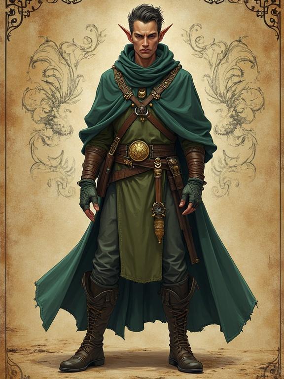 Detailed D&D character design with 2.5D depth and full-length rotoscope. Background features magical patterns and warrior insignia on ancient parchment. Dark fantasy aesthetic. Male elf with practical attire and elegance. Sturdy cloak with investigator's badge. Comfortable clothing and boots. Short sword and dagger at belt. Emotion depicted in a painted portrait. Bold outlines and vibrant colors used.