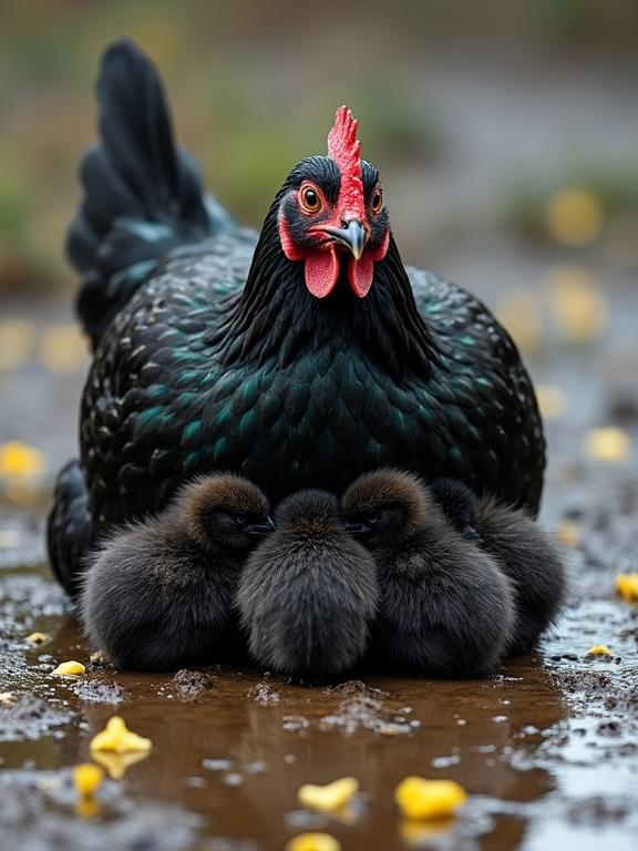 The image depicts a dark-feathered hen huddling over fluffy chicks. The chicks are nestled beneath her. The ground is wet, showing a recent rain. Yellow flower petals are scattered on the ground. The hen has a vibrant red head. The scene shows maternal protection in bad weather.