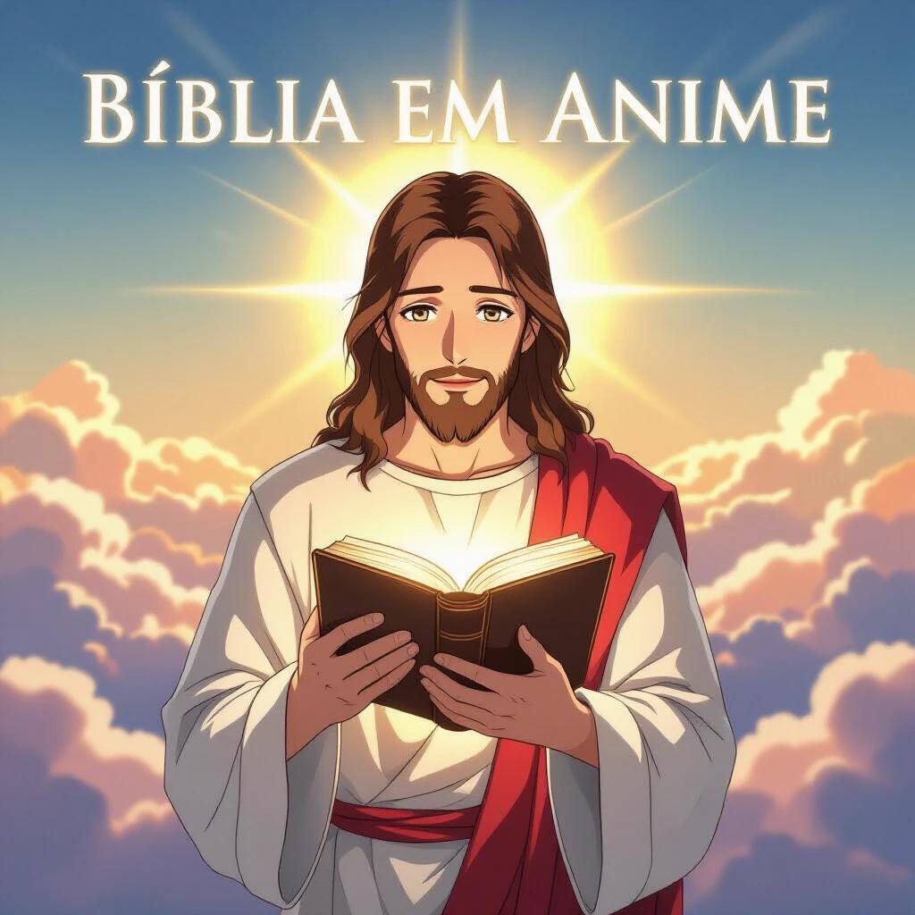 Anime-style logo illustration of Jesus Christ holding an open glowing Bible surrounded by soft clouds and a golden sunrise. Jesus has long brown hair and gentle eyes, wearing a white robe with a red sash. The background features a spiritual mood with cinematic light. The text 'Bíblia em Anime' glows above Jesus, harmoniously integrated into the composition. The artwork is detailed and optimized for YouTube profile image in 4K resolution.