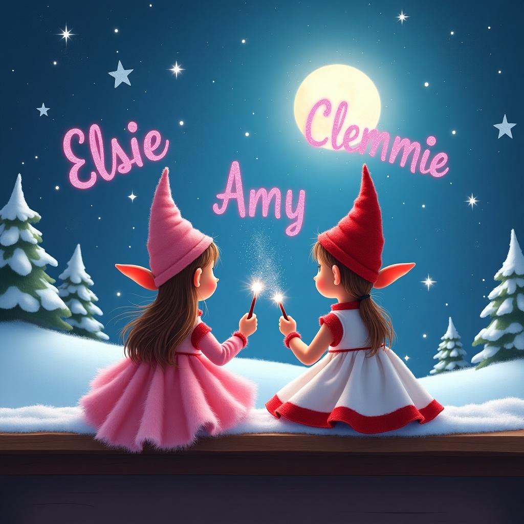 Two elves on a shelf hold magical wands writing names in pink glitter. One wears a pink poofy dress and the other a white and red poofy dress. They face a snowy landscape with a glowing moon and stars. The names glow in the sky.