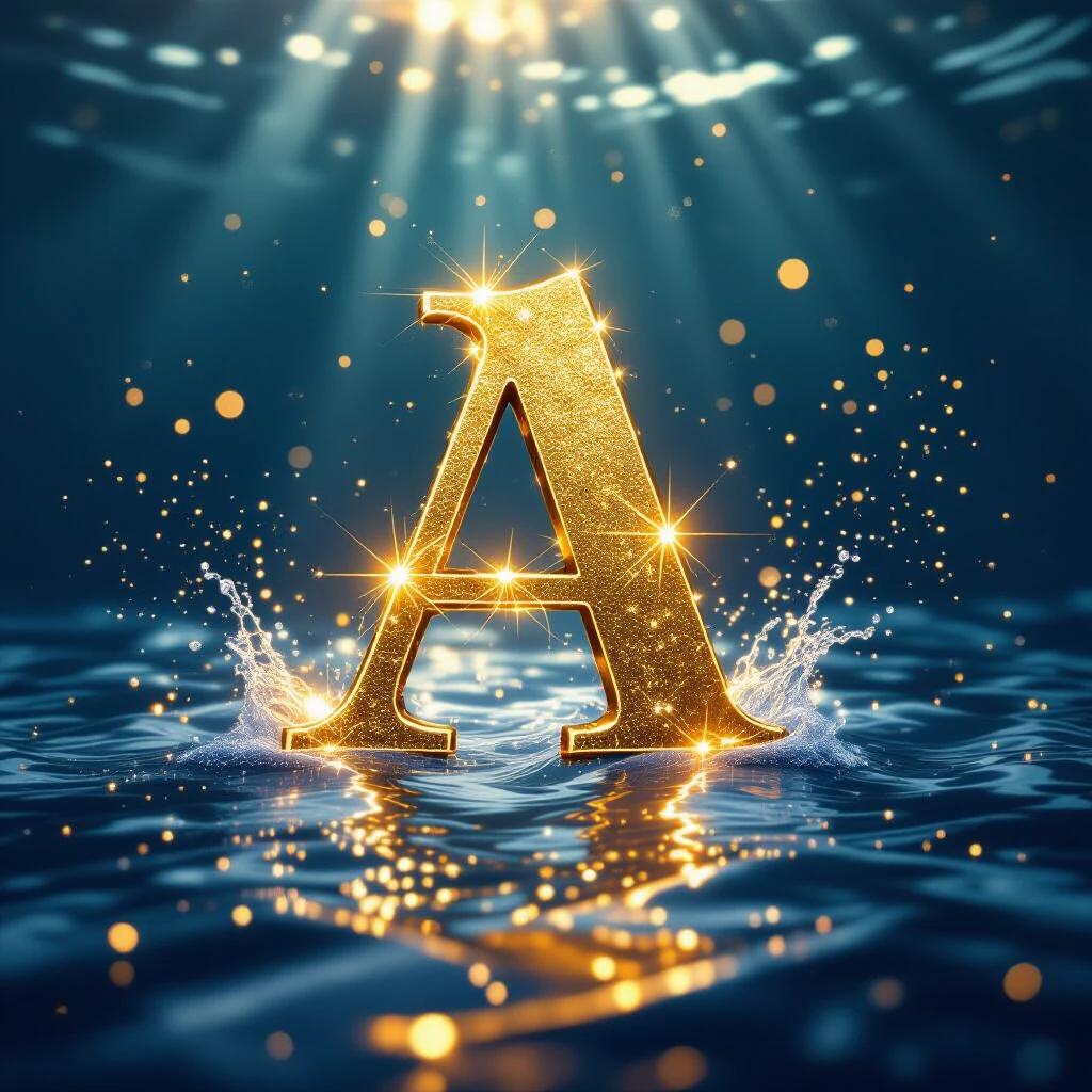 Golden letter A emerges from sparkling water. Soft ambient light surrounds it. Abstract sparkles enhance the underwater theme. Modern art design elements are visible.