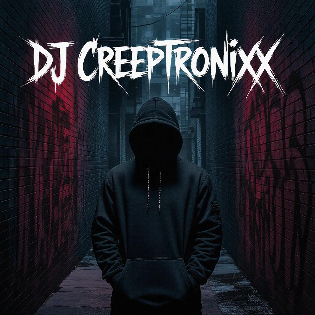 A dark gritty alley designed as a hip hop album cover featuring the text DJ Creeptronixx in creative writing style. The word 'Cracks' may accompany the title for artistic effect.