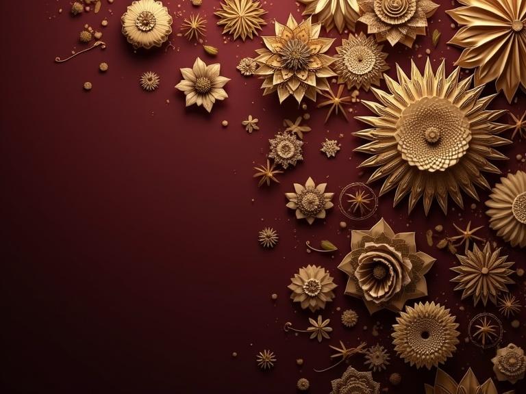 Luxurious background elements. Gold floral decorations arranged artistically on a deep red surface.