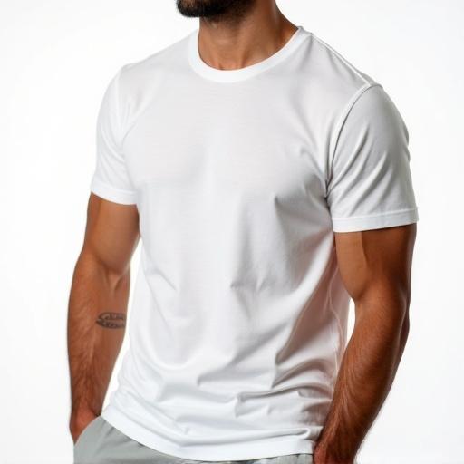 High-quality short sleeve cotton t-shirt displayed on male model. Clean white background emphasizes summer style. Focus on breathable cotton fabric, soft texture, and light wrinkles. Visual effects show airflow and moisture-wicking features. Professional lighting ensures clarity.