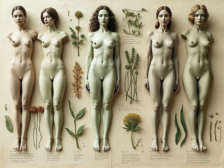 This image features detailed supermodels rendered with zentangle and 3D Droste effect. It is a still life styled like an old botanical plate with women bodies arranged on a textured surface. It uses muted greens, soft creams, and dusty pinks with fine details and handwritten labels. The mood feels quiet and nostalgic.