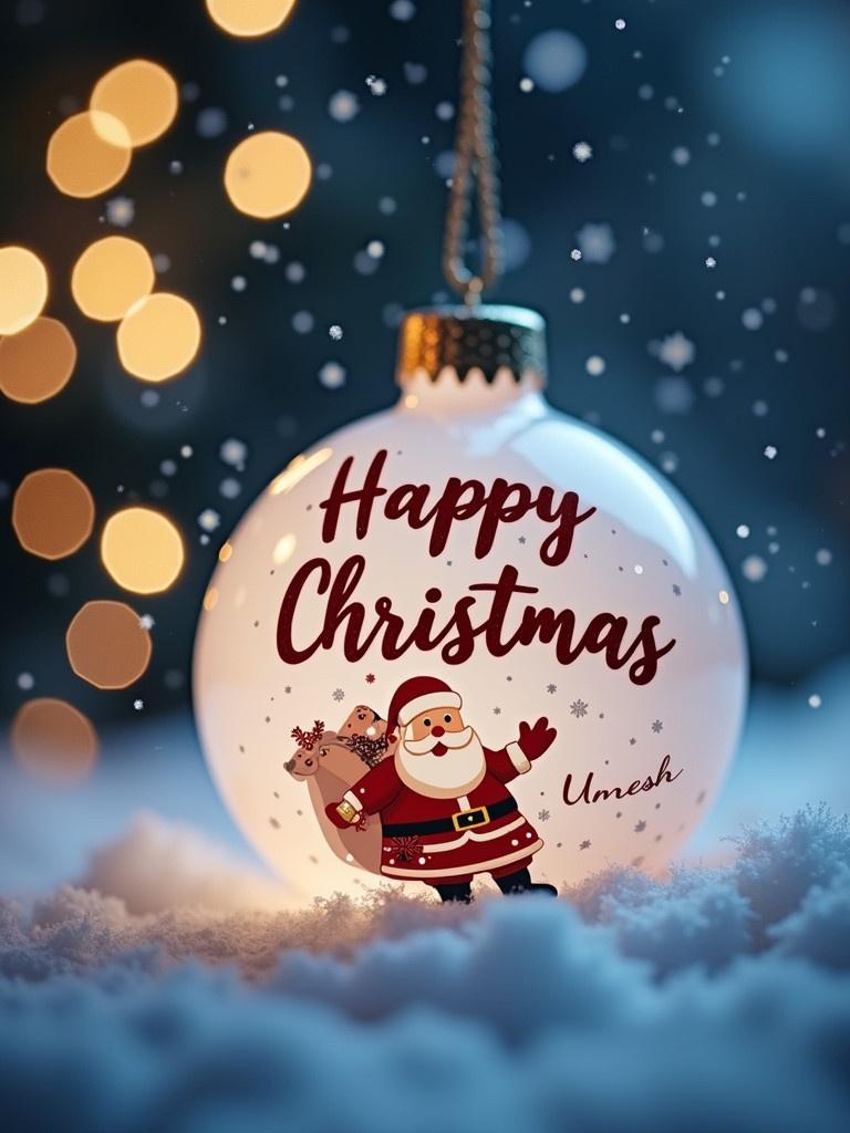 Close-up image of a white Christmas bauble. Text reads 'Happy Christmas from Umesh'. Twinkling lights are in the background. Santa Claus illustration is part of the design. Snowy night scene surrounds the bauble. Soft light adds a festive feeling.