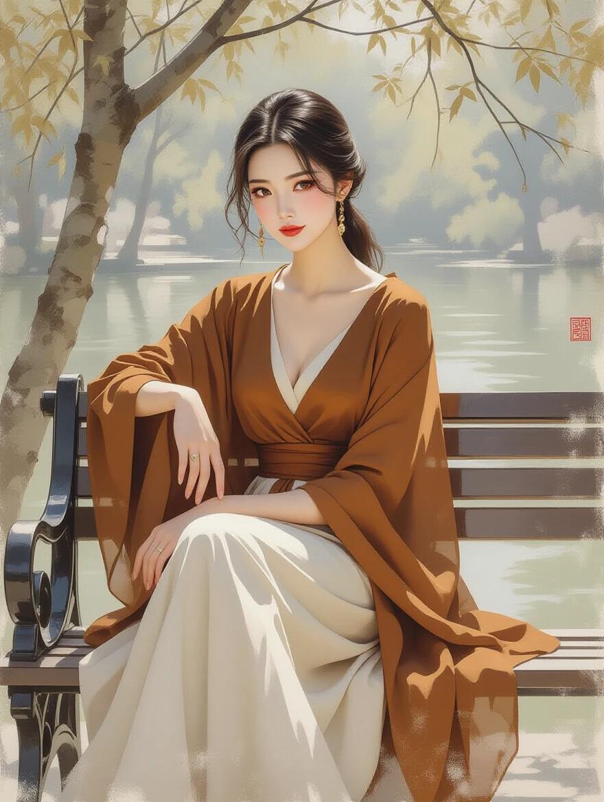 Artistic representation of a lady in a brown top. She sits gracefully on a bench. Fabric flows elegantly around her. Soft-focus technique applied. Light silver and dark orange colors featured. The setting is calm and introspective. Brushwork is loose and fluid. Background contains hidden elements. Scene conveys poetic elegance.