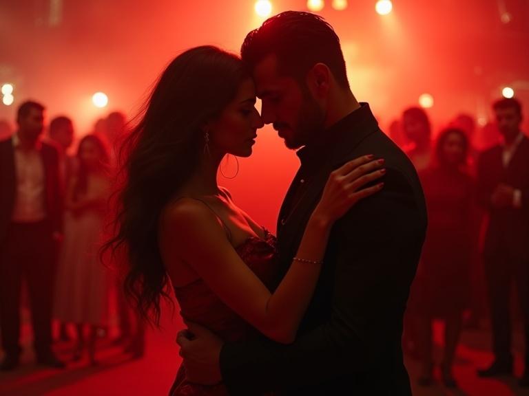 Couple dances closely in a romantic atmosphere. A Latina-Mediterranean woman in a red satin dress. A rugged man in a black suit. They are close with hands touching. Background has blurred crowd and smoke. Warm red and gold lights create an intense vibe.