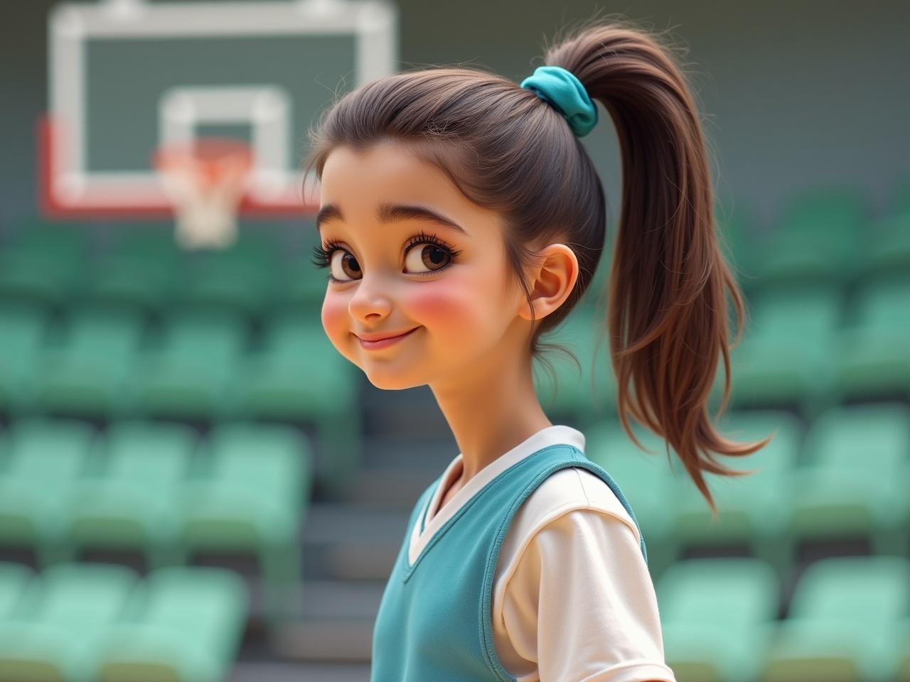 Create an image of a young girl in a sports uniform, specifically for netball. She has a sleek ponytail with a blue hair tie. The girl is standing in a gymnasium with light green bleachers in the background. Her eyes are squinted and looking off to one side, giving her a playful and focused expression. There's a scoreboard visible in the background, and the overall atmosphere is energetic and sporty.