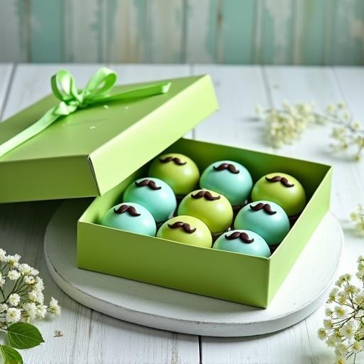 High-resolution still life of a festive candy box. Lime green box with a light green ribbon-tied lid shows 12 chocolate or cake pop confections. Treats frosted in bright turquoise and lime green. Adorned with dark chocolate mustaches. Arranged on a rustic white wooden board. Decorated with white blossoms and green leaves. Illuminated by clear bright light.