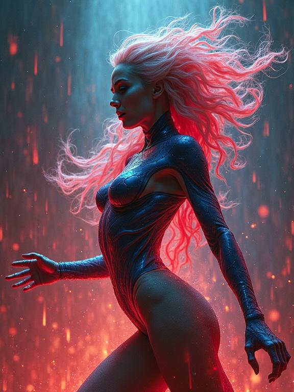 A dynamic and colorful illustration of an amorphous woman. The figure is surrounded by vibrant colors including blue, red, and pink. The body has a shiny texture and a fluid form, appearing to be in motion. The background has a magical, surreal quality with illuminated elements resembling rain and light effects. Light creates a prismatic glow around the character.