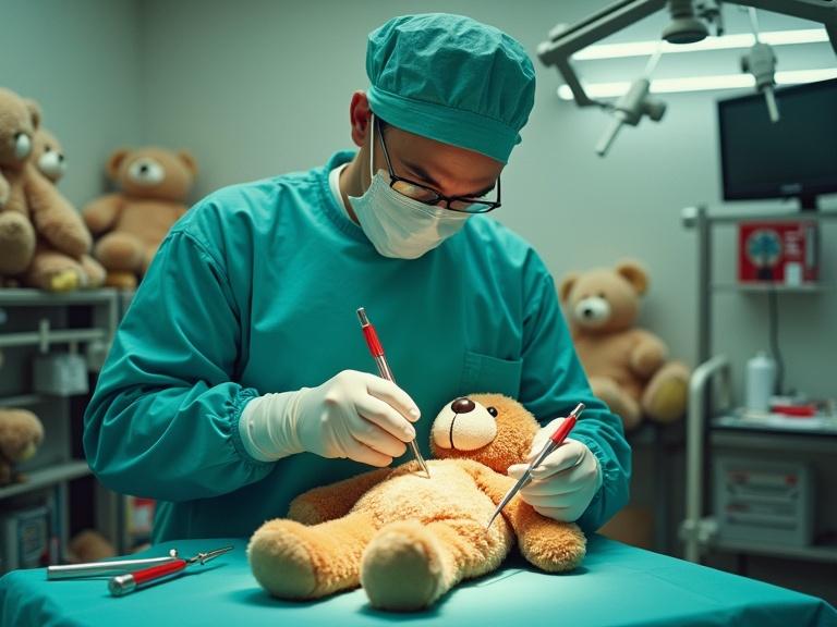 A doctor in surgical attire performs surgery on a teddy bear. The scene features oversized medical instruments and stuffed animals. Captured from a low angle with playful colors and serious expression of the doctor.