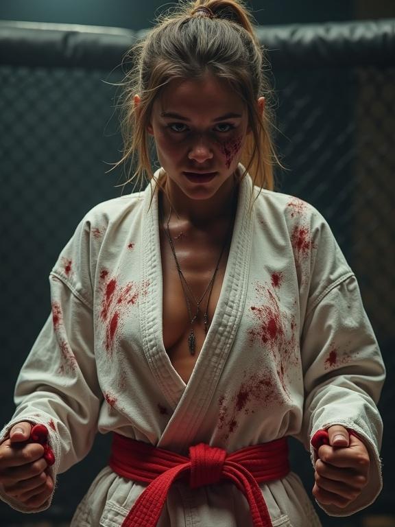 Realistic athletic woman wearing a worn-out karate gi with blood smudges and heavy bruises on her face. She appears exhausted yet focused, holding bloody fists in an MMA arena with cinematic lighting.