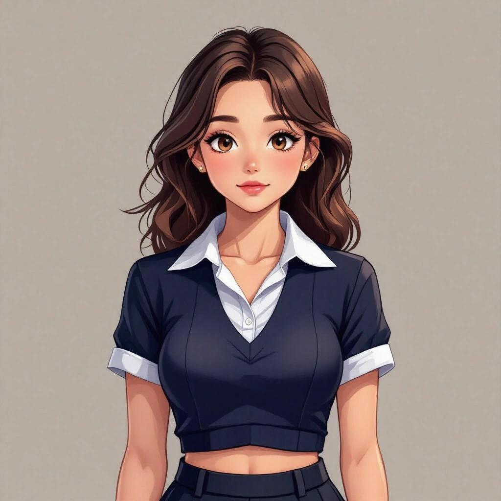 A school girl in a cropped uniform top and stylish bottoms with brown eyes engaging directly with the viewer.