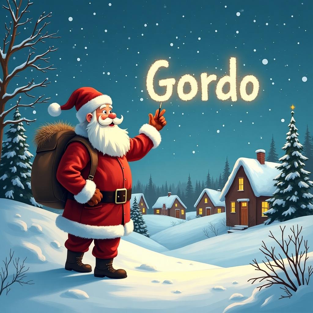 The image depicts Santa Claus in a snowy village, writing the word 'Gordo' in the night sky with a magical touch. He stands cheerfully, wearing his traditional red suit and hat, with a sack slung over his shoulder. The village is peaceful, with cozy houses emitting warm light. Snowflakes gently fall around him, enhancing the winter atmosphere. This scene is filled with festive joy and wonder, perfect for capturing the holiday spirit.