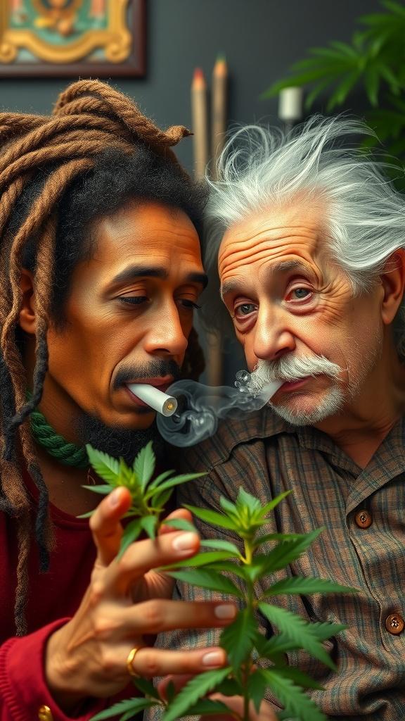 Two men with differing hairstyles share a smoke over a cannabis plant.