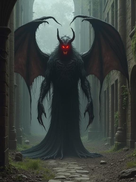 A grotesque monster with red glowing eyes stands in a ruined cathedral. The creature has large bat-like wings, a dark fur-like texture, and sharp claws. A mist surrounds the area, adding to the eerie atmosphere.