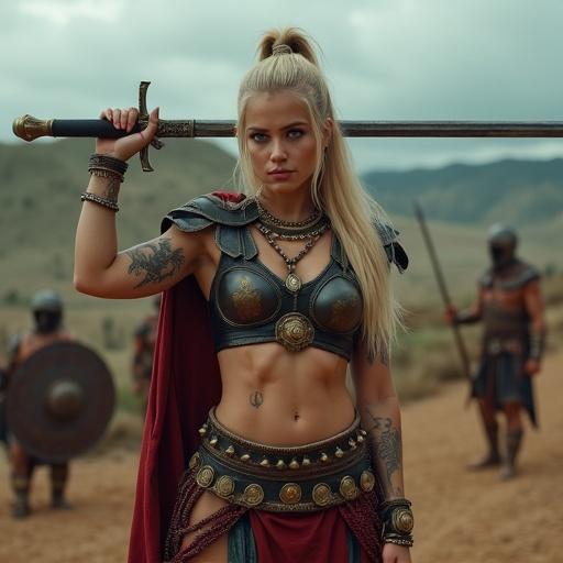 Image of a modern Russian beauty with sharp features and long blonde hair in an athletic build. She wears Roman-style armor and poses dynamically with a gladius sword and pilum spear. The background shows an ancient battlefield with rolling hills and olive trees. The lighting emphasizes her muscular physique and tattoos.