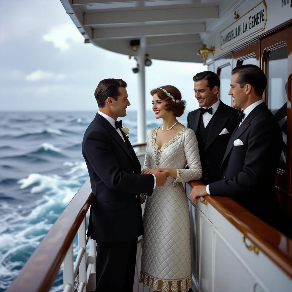 An archive photo from 1928 shows a couple on the deck of the SS Île de France. The woman wears a quilted dress and interacts with two men in formal wear. The newspaper headline 'Chamberlain la Geneva' is visible behind them. The ocean waves glisten with foam. Captured in high detail.