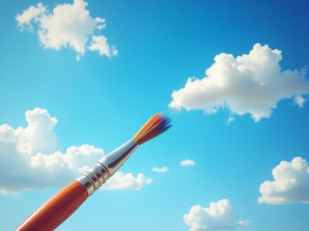 A paintbrush seemingly painting clouds in a bright blue sky.