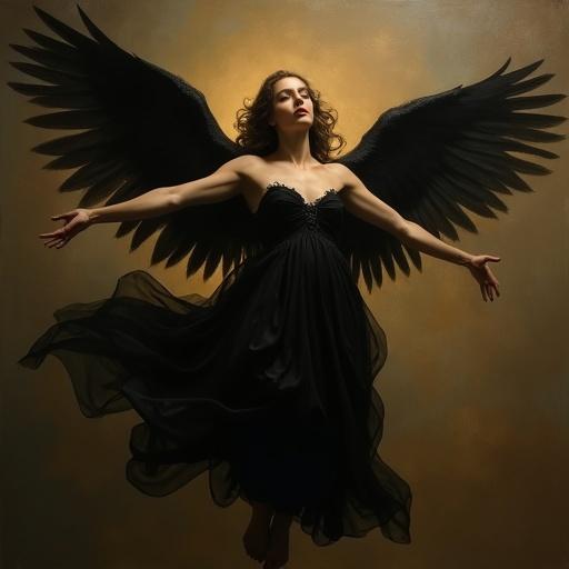 A dark angelic woman with wings is floating. Depicts a baroque oil painting style reminiscent of the Renaissance. Dramatic warm lighting creates a soft, ethereal mood. She wears flowing black fabric and has a serene expression with detailed wings.