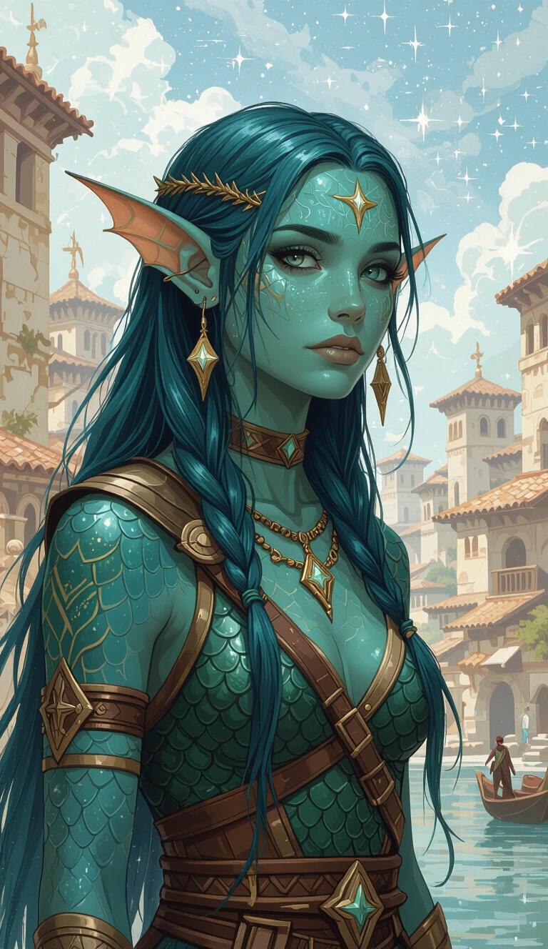 Acrylic painting illustrating a young druidic fish-girl with teal scaled skin and sharp finned ears. The scene depicts an ancient Therosian fantasy port city. The girl has long teal hair and wears Theros fantasy clothing. Background features a canal with coastal antiquity and a star-filled sky. Emphasizes the character's connection to celestial elements and nature.