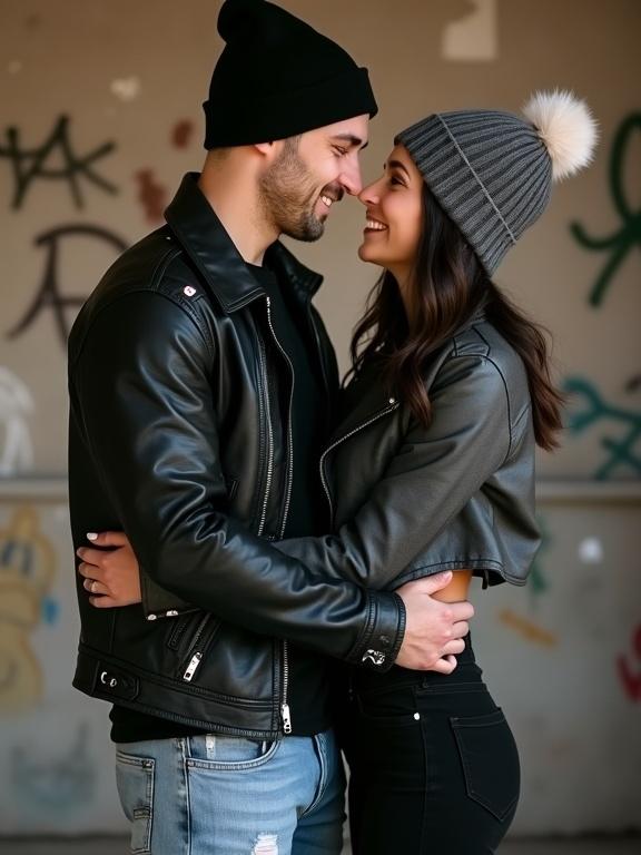 A man and a woman standing close together gaze at each other. The man wears a black leather jacket and black beanie. The woman wears a gray beanie and cropped black leather jacket. Graffiti-covered walls form a background. They smile softly, creating an intimate atmosphere. The colors are muted and warm. The style is contemporary and trendy.