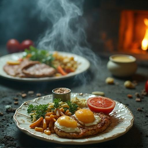 Vivid images of a delicious hot meal featuring eggs and vegetables served on an elegant plate with a warm ambiance.